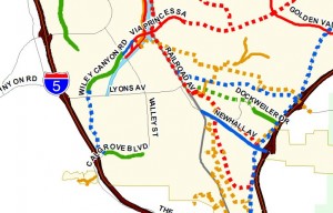 Even when built-out, the OVOV bikeway plan has no east-west routes in Newhall